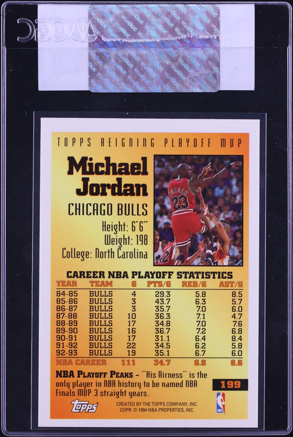 1993 Topps Reigning Playoff MVP Michael Jordan #199 CGC AUTH