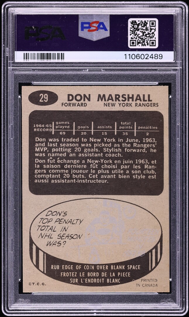 1965 Topps Hockey Don Marshall #29 PSA 8 NM-MT