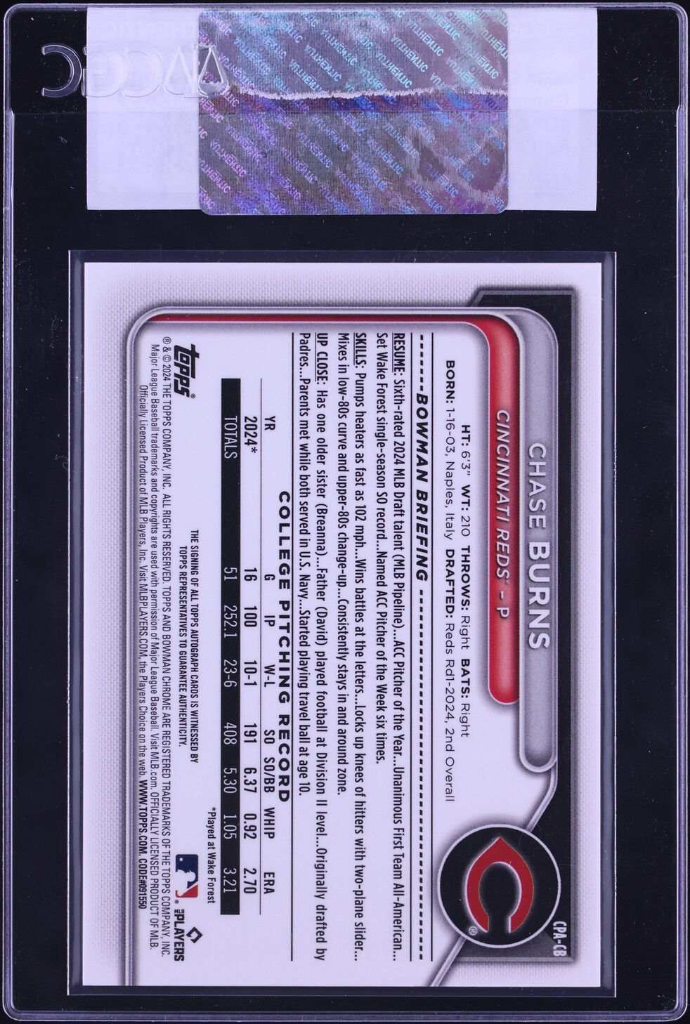 2024 Bowman Chrome Draft Red Xfractor Chase Burns PROSPECT AUTO /5 CGC AUTH