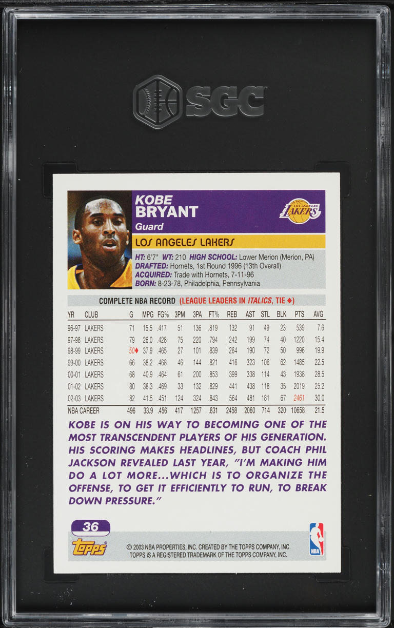 2003 Topps Basketball Kobe Bryant #36 SGC 9 MINT