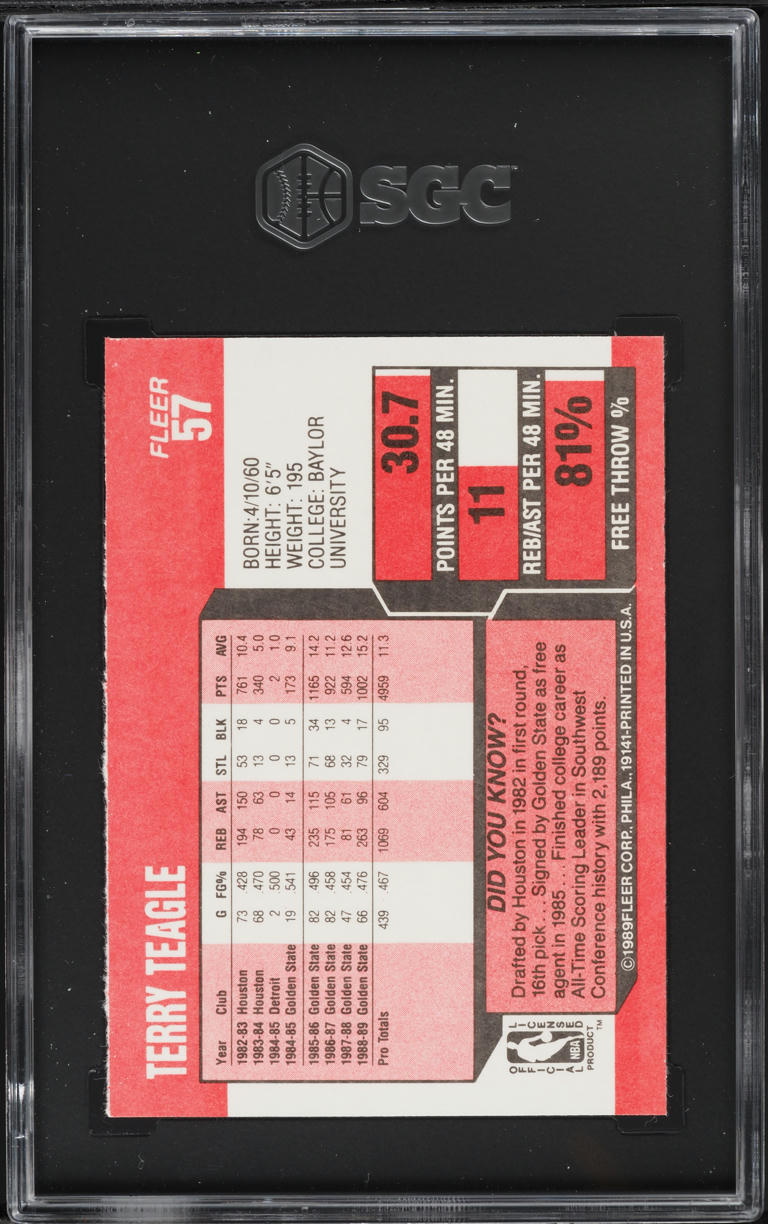 1989 Fleer Basketball Terry Teagle #57 SGC 9 MINT