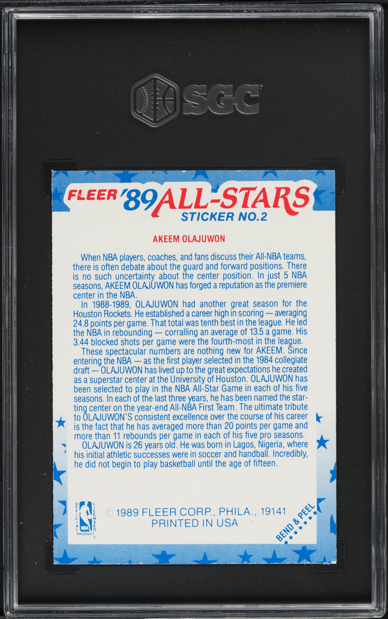 1989 Fleer Sticker Akeem Olajuwon #2 SGC 8 NM-MT