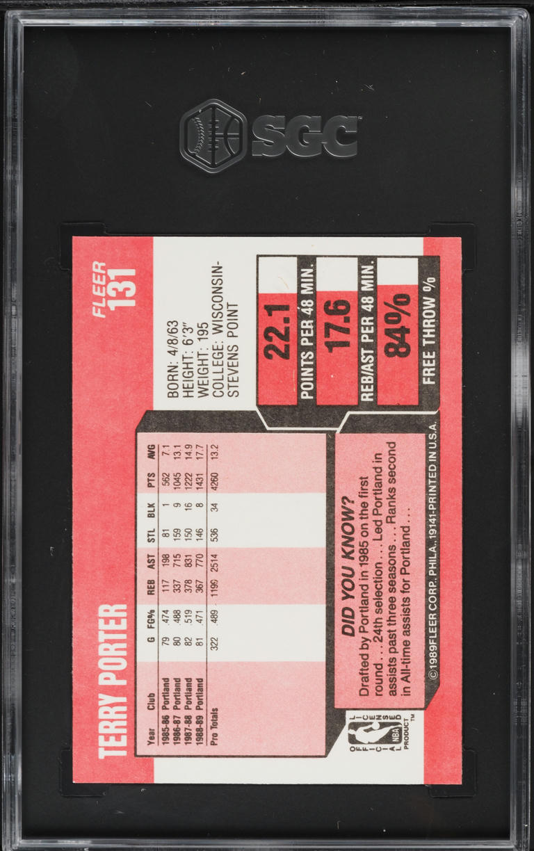1989 Fleer Basketball Terry Porter #131 SGC 9.5 MINT+