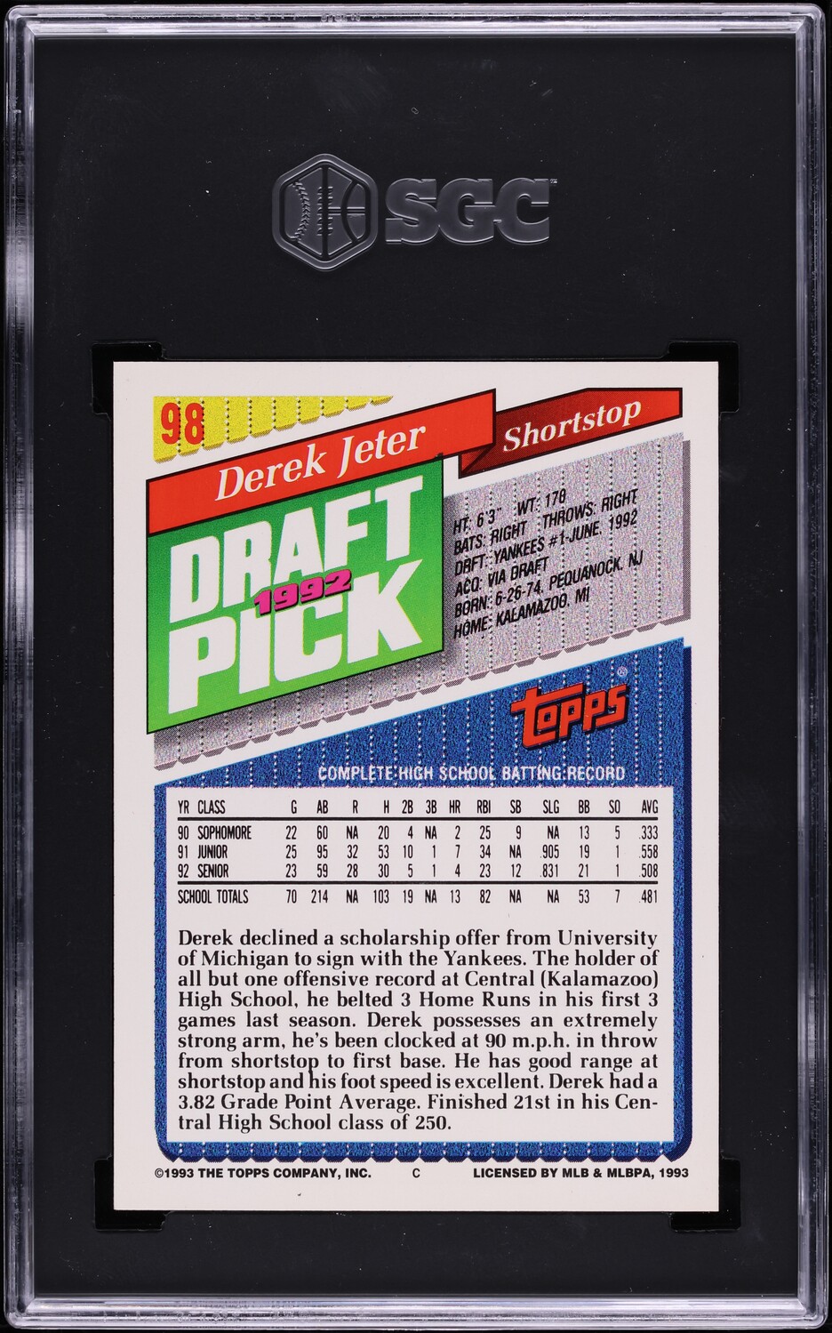 1993 Topps Gold Derek Jeter ROOKIE #98 SGC 10 GEM MINT