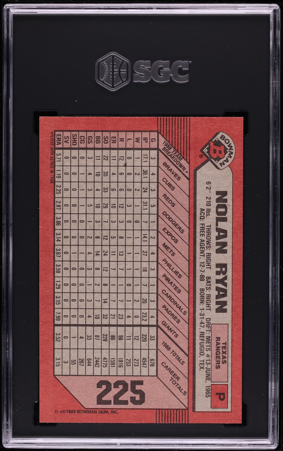 1989 Bowman Nolan Ryan #225 SGC 10 GEM MINT