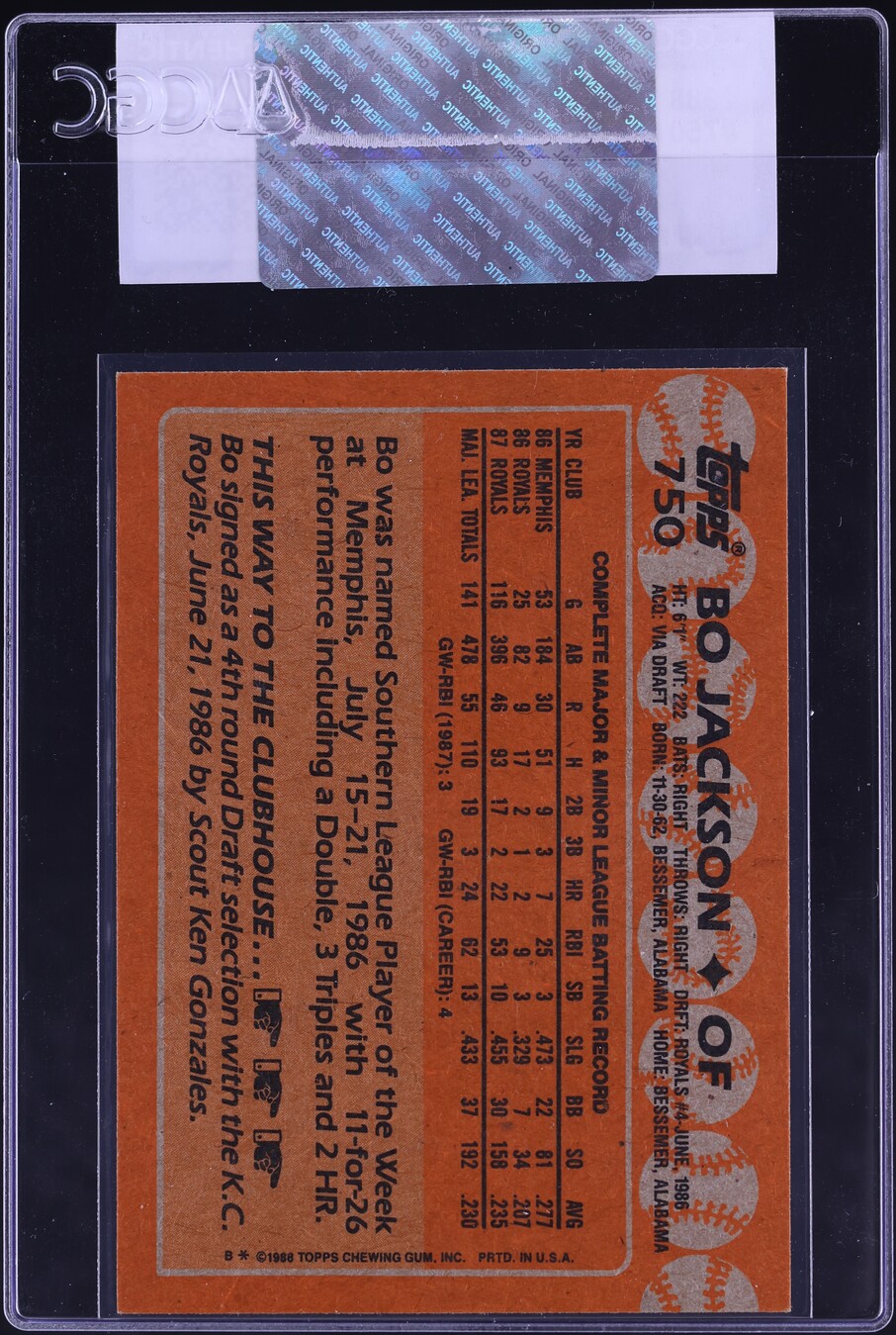 1988 Topps Bo Jackson #750 CGC AUTH