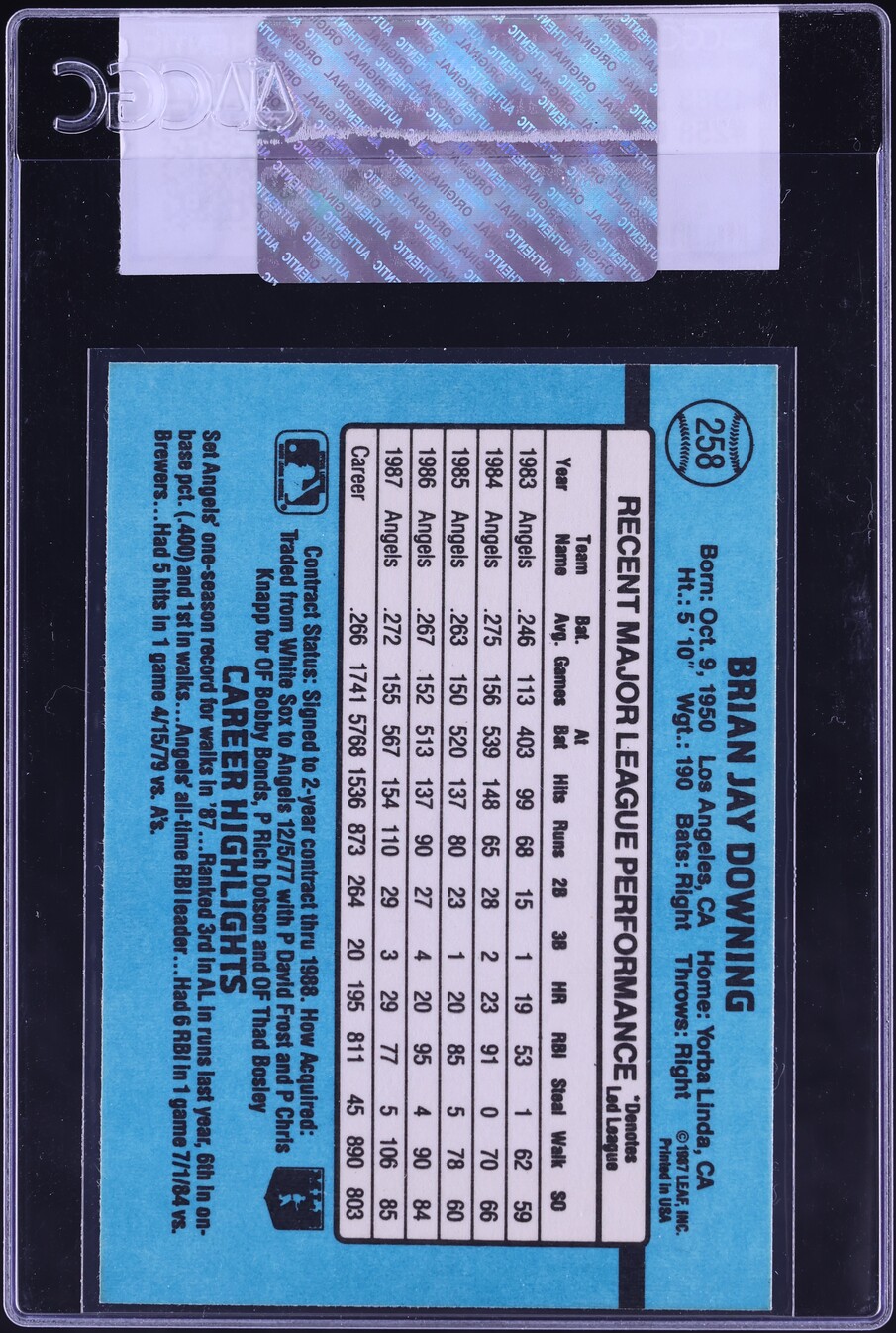 1988 Donruss Brian Downing #258 CGC AUTH