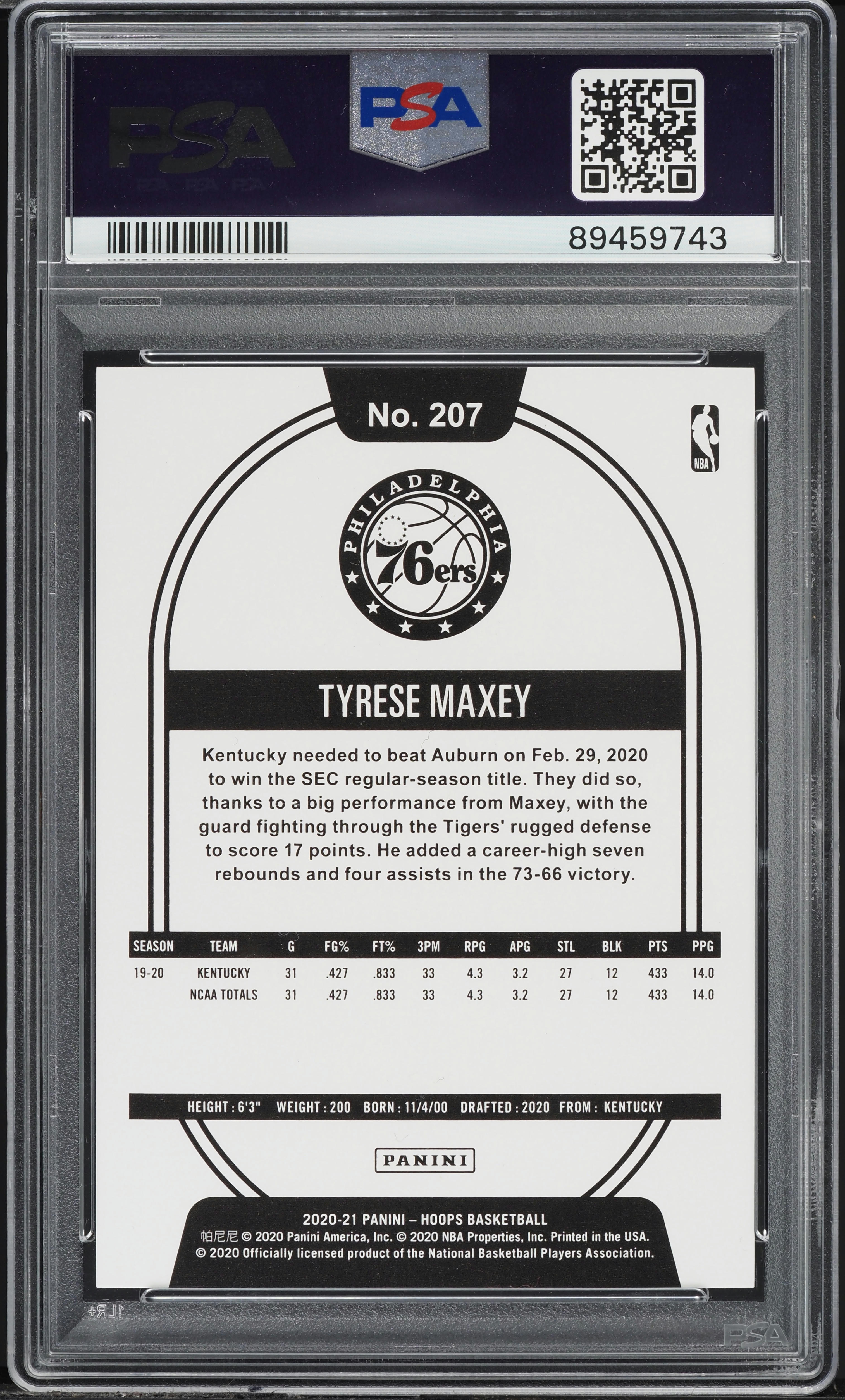 2020 Hoops Green Explosion Tyrese Maxey ROOKIE /89 #207 PSA 10 GEM