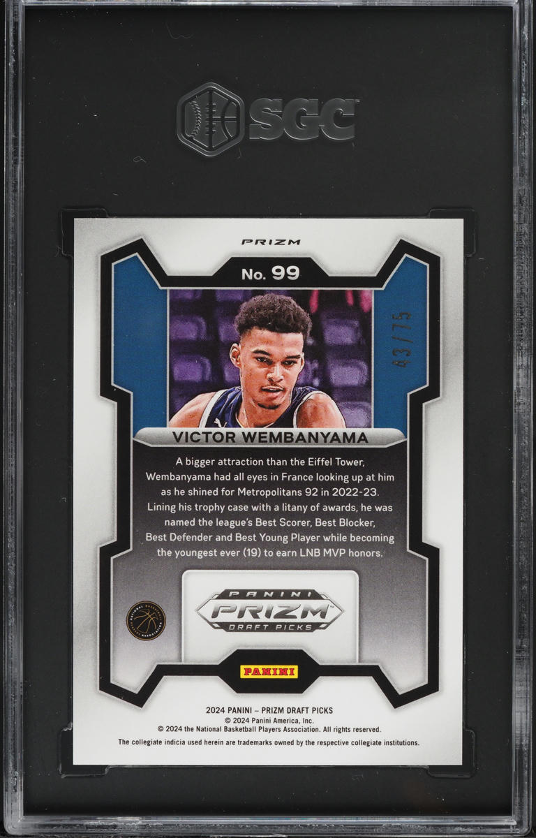 2024 Panini Prizm Draft Picks Purple Victor Wembanyama ROOKIE /75 #99 SGC 10 GEM MINT
