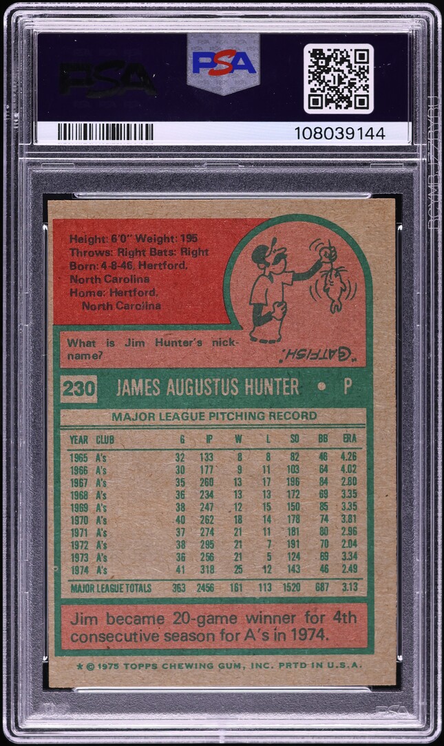 1975 Topps Catfish Hunter #230 PSA 8 NM-MT