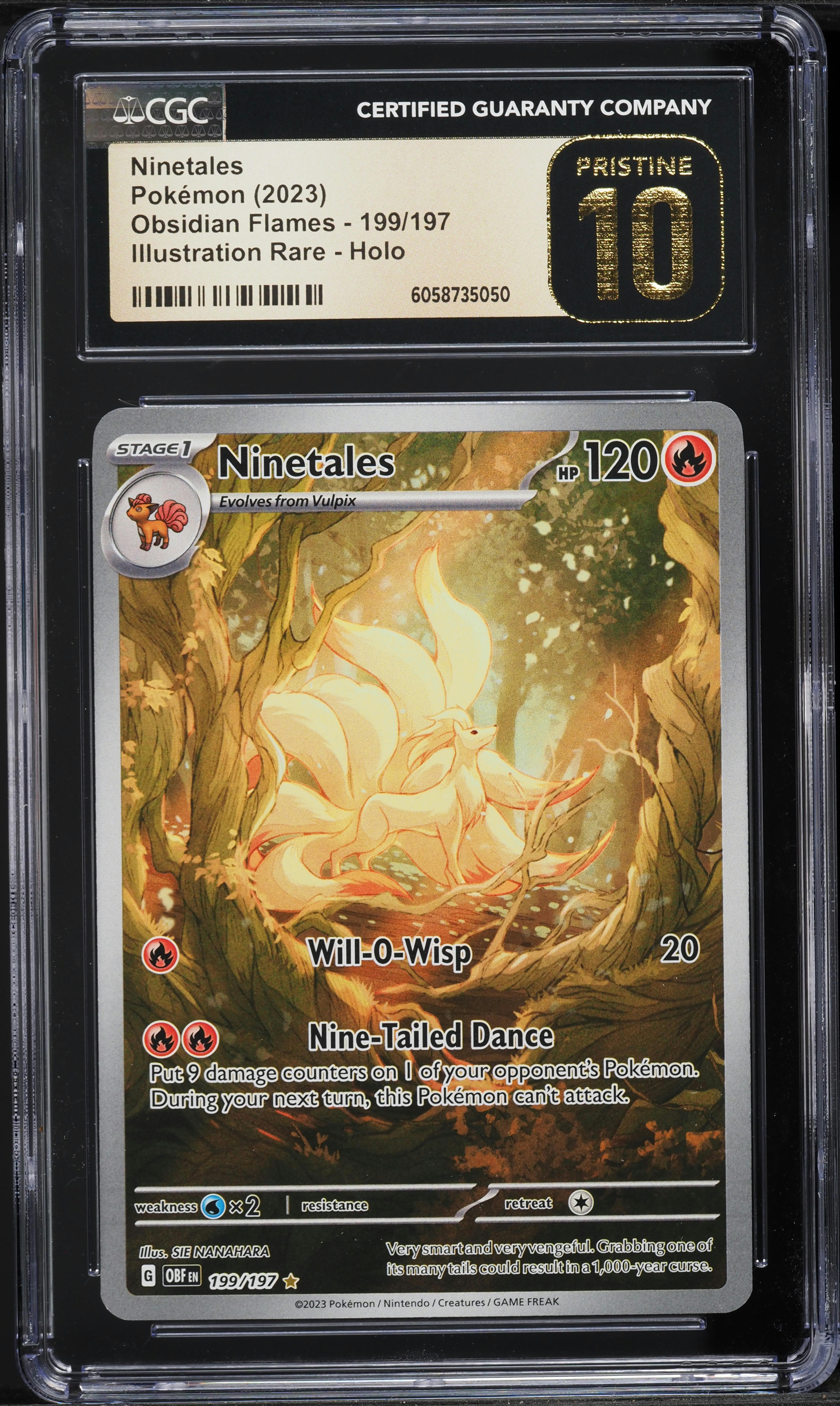 199 197 pokemon card Graded: Ninetales 199/197 Obsidian Flames (2023) IR Holo CGC 9.5 scratching or scuffing Ninetales 199/197 (Graded)