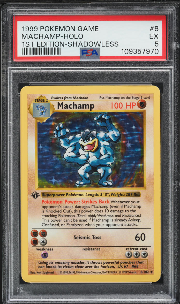 1999 Pokemon Base Set Shadowless 1st Edition Holo Machamp #8 PSA 5 EX