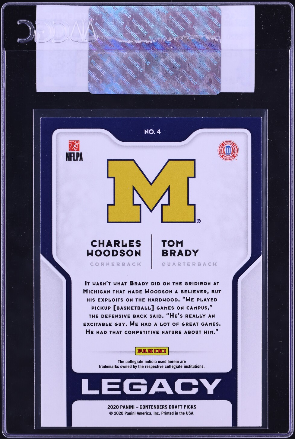 2020 Panini Contenders Draft Picks Legacy Charles Woodson Tom Brady #4 CGC AUTH