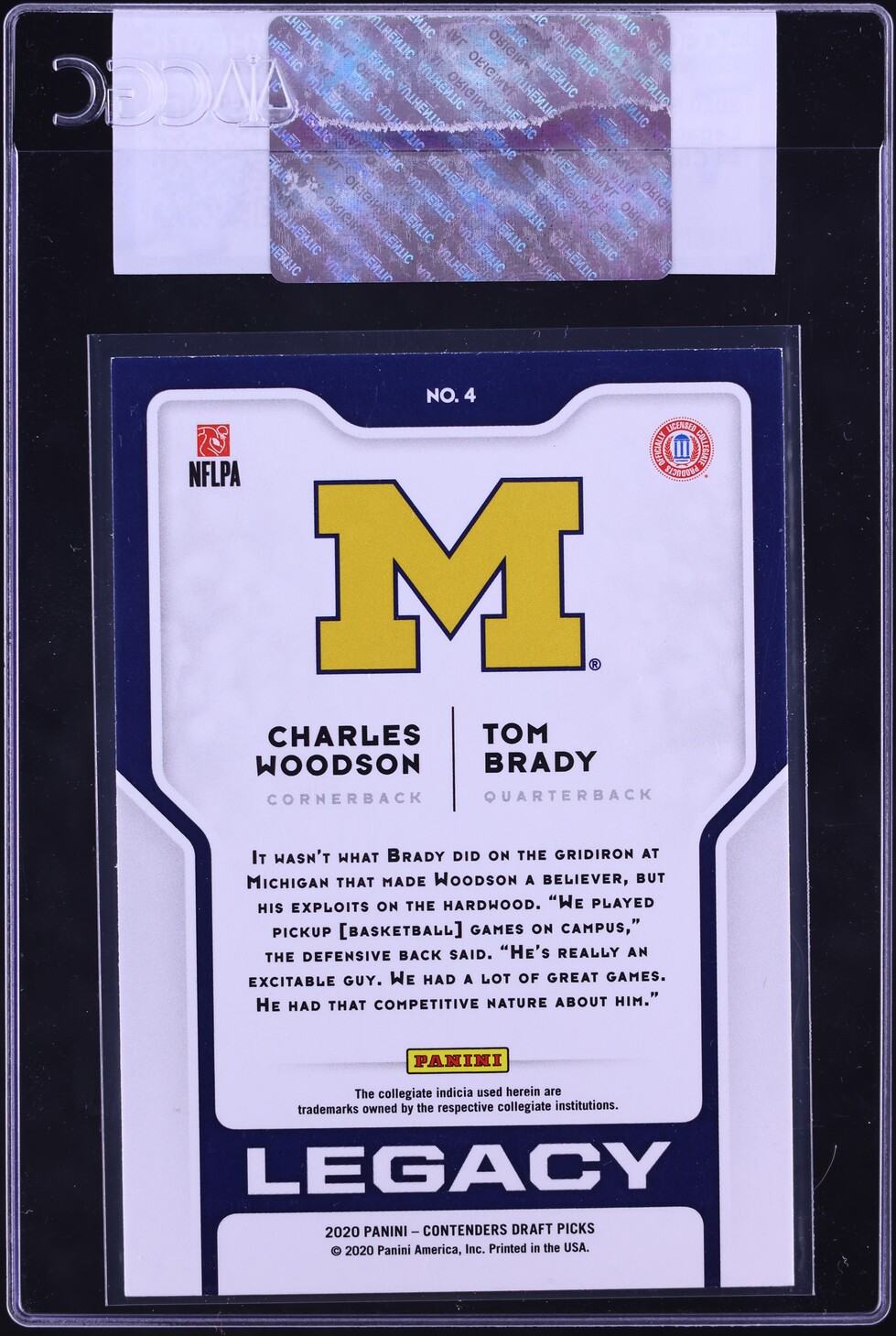 2020 Panini Contenders Draft Picks Legacy Charles Woodson Tom Brady #4 CGC AUTH