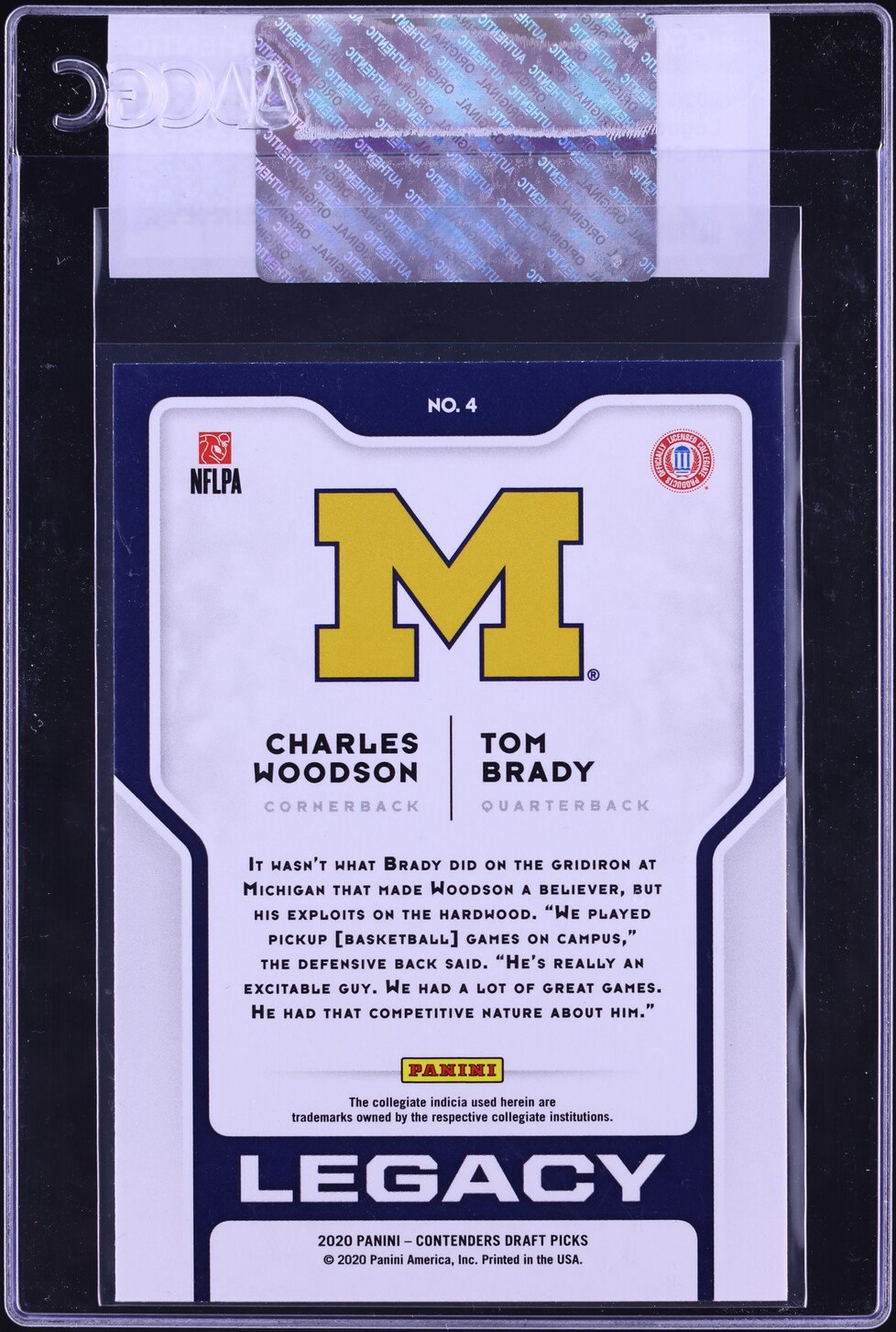 2020 Panini Contenders Draft Picks Legacy Charles Woodson Tom Brady #4 CGC AUTH