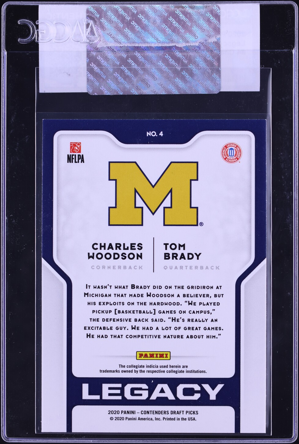 2020 Panini Contenders Draft Picks Legacy Charles Woodson Tom Brady #4 CGC AUTH