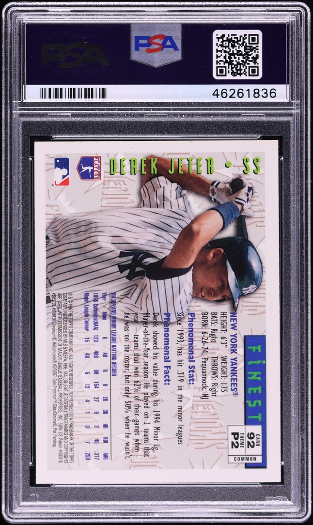 1996 Finest Phenoms w/ Coating Derek Jeter ROOKIE #92 PSA 10 GEM MINT ...