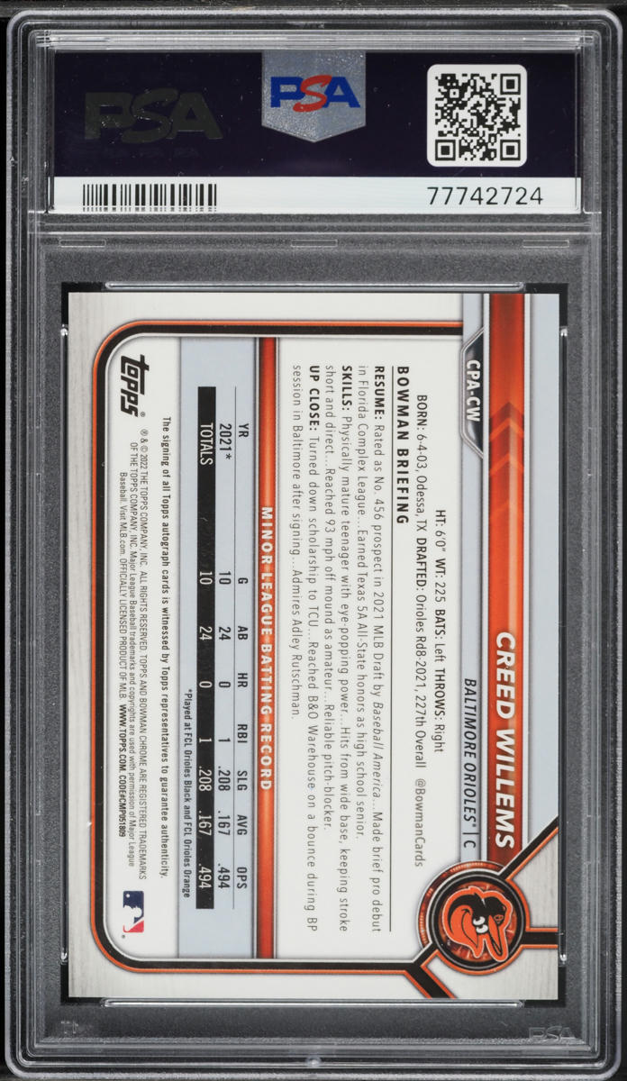 2022 Bowman Chrome Creed Willems PROSPECT AUTO #CPA-CW PSA 10 GEM MINT