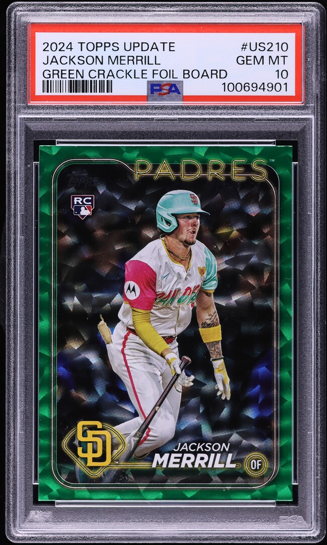 2024 Topps Update Green Crackle Foilboard Jackson Merrill ROOKIE /499 PSA 10 GEM