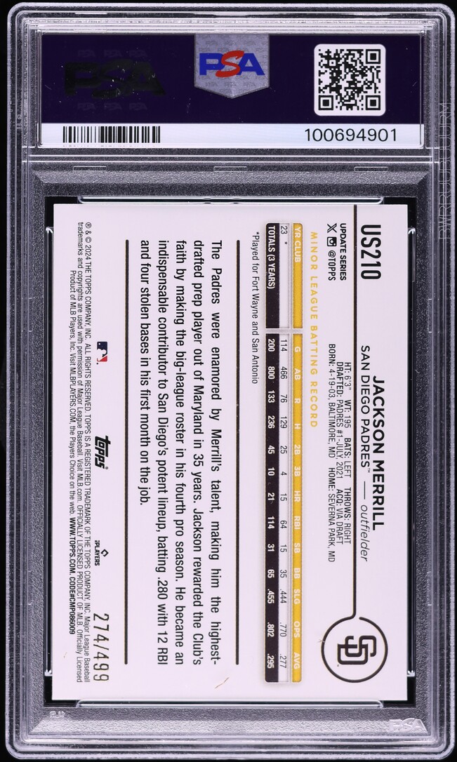 2024 Topps Update Green Crackle Foilboard Jackson Merrill ROOKIE /499 PSA 10 GEM