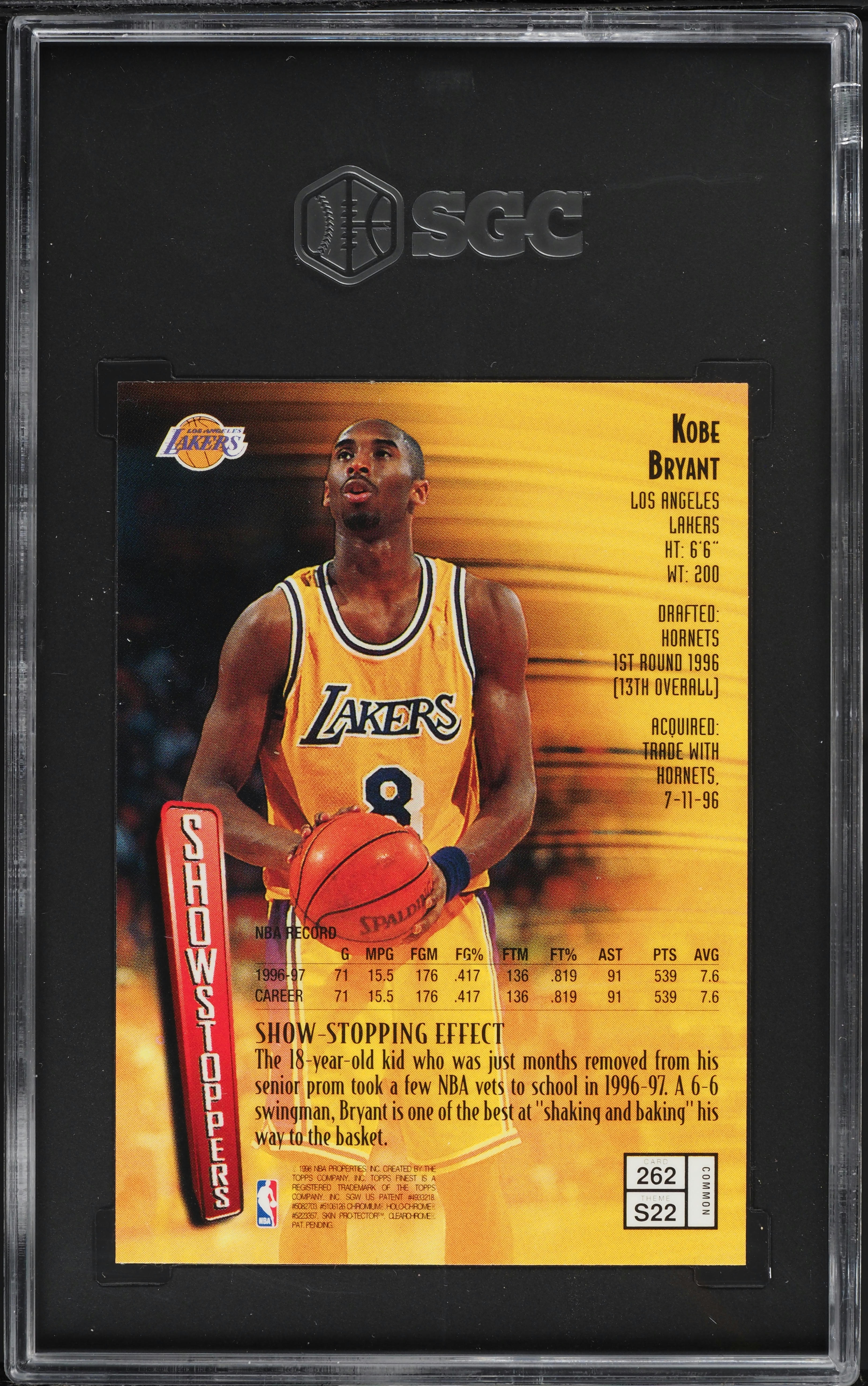 1997 Finest Bronze w/ Coating Kobe Bryant #262 SGC 9.5 MINT+ on