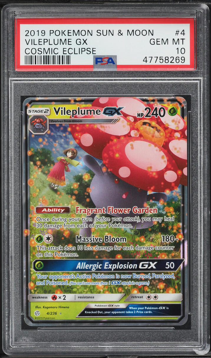 2019 Pokemon Sun & Moon Cosmic Eclipse Full Art Vileplume GX #4 PSA 10 GEM MINT