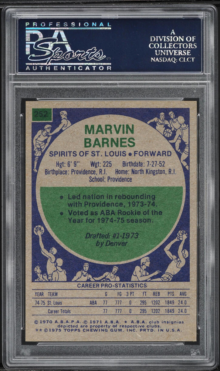 1975 Topps Basketball Marvin Barnes ROOKIE #252 PSA 10 GEM MINT