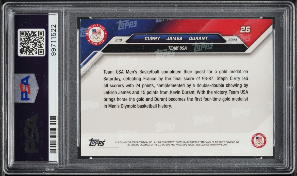 2024 Topps Now Olympics Blue Variant Stephen Curry LeBron James Kevin Durant #26 PSA 10 GEM
