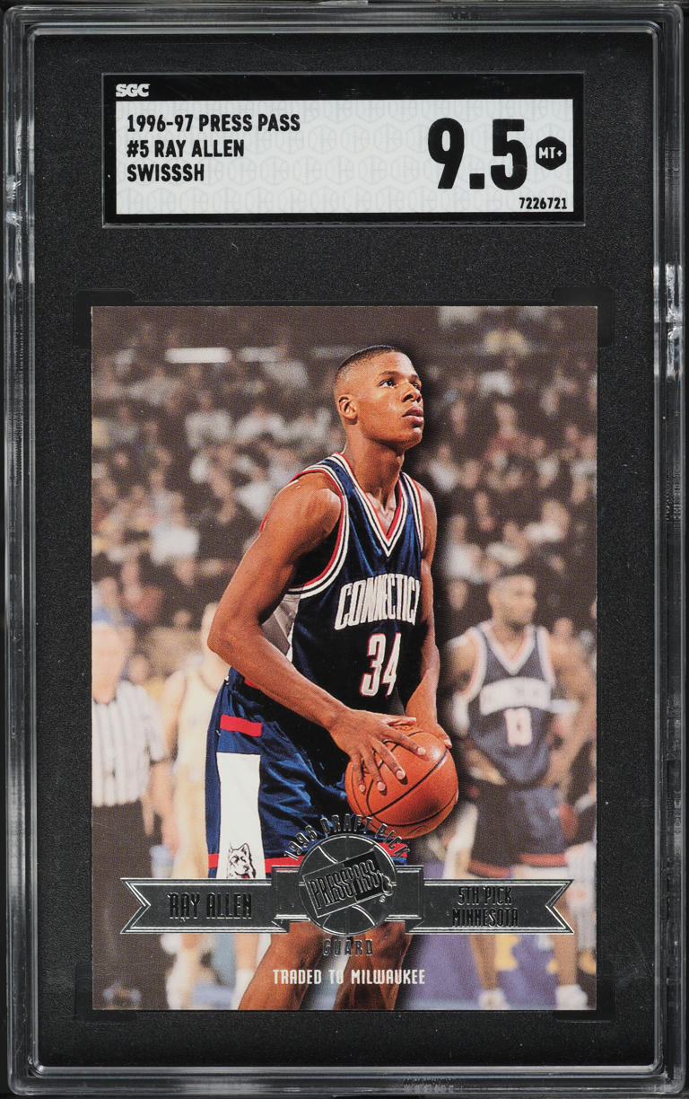 1996 Press Pass Swisssh Ray Allen ROOKIE #5 SGC 9.5 MINT+ on Fanatics  Collect, image size:768x1224