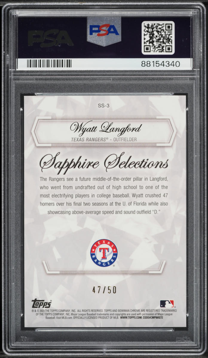 2023 Bowman Draft Sapphire Selections Gold Wyatt Langford /50 #SS3 PSA 10 GEM