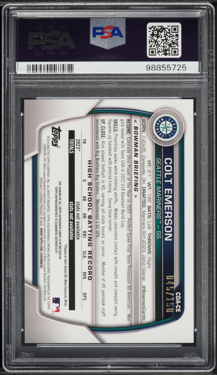 2023 Bowman Chrome Blue Wave Colt Emerson PROSPECT AUTO /150 #CDA-CE PSA 9 MINT