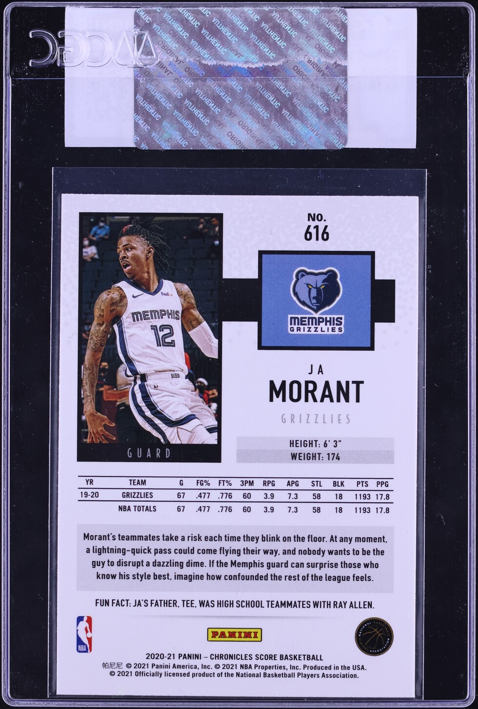 2020 Panini Chronicles Score Ja Morant #616 CGC AUTH