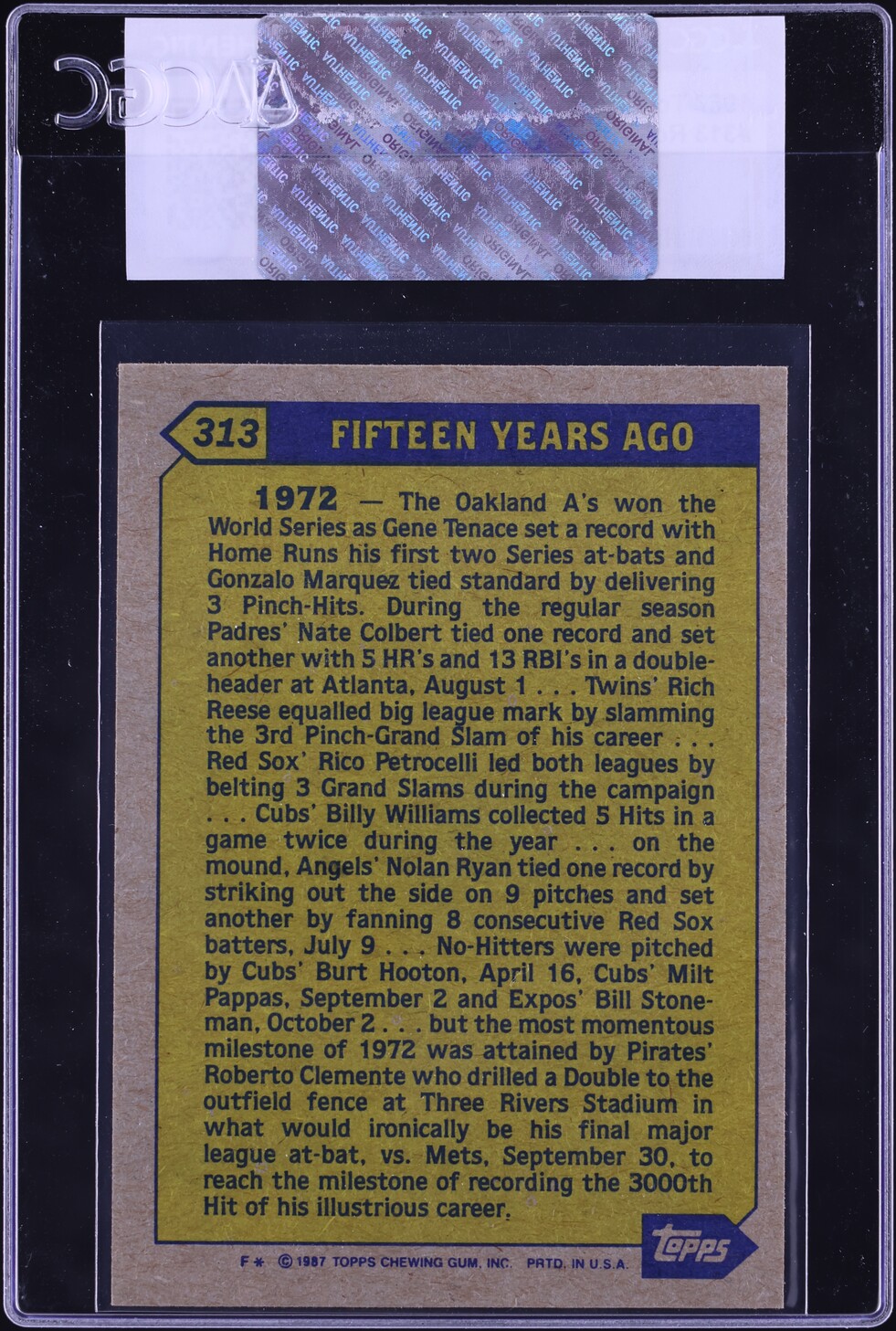 1987 Topps Roberto Clemente TURN BACK THE CLOCK #313 CGC AUTH