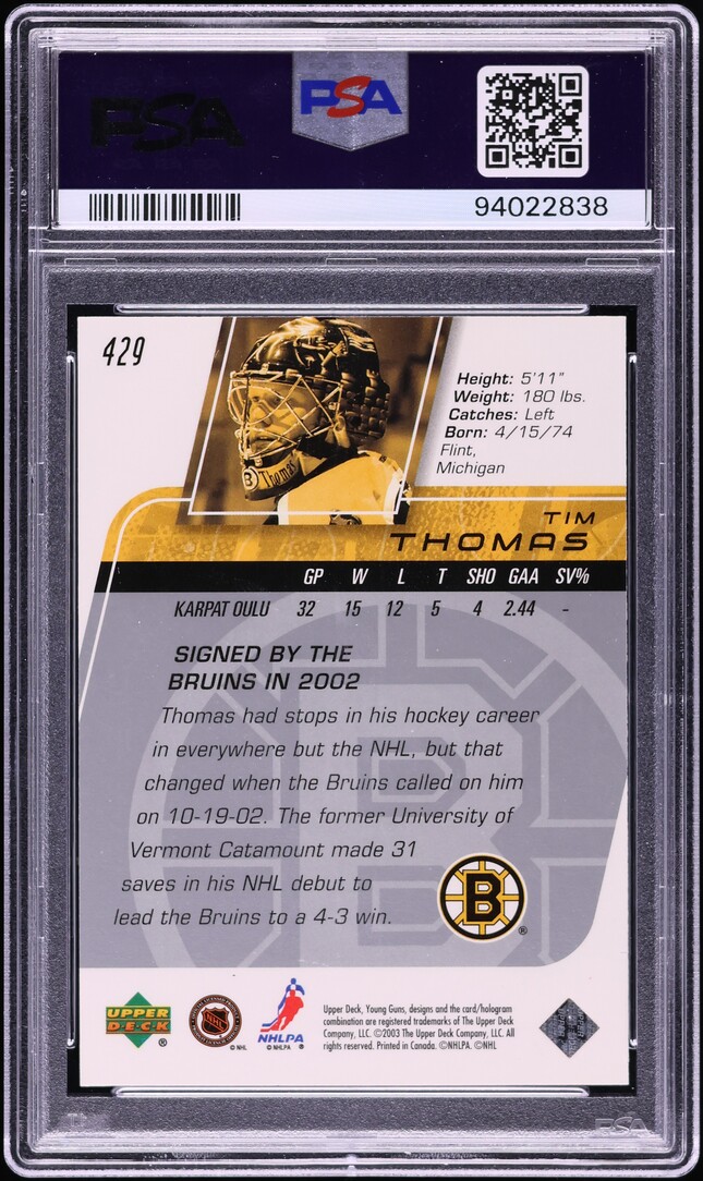 2002 Upper Deck Young Guns Tim Thomas ROOKIE #429 PSA 10 GEM MINT