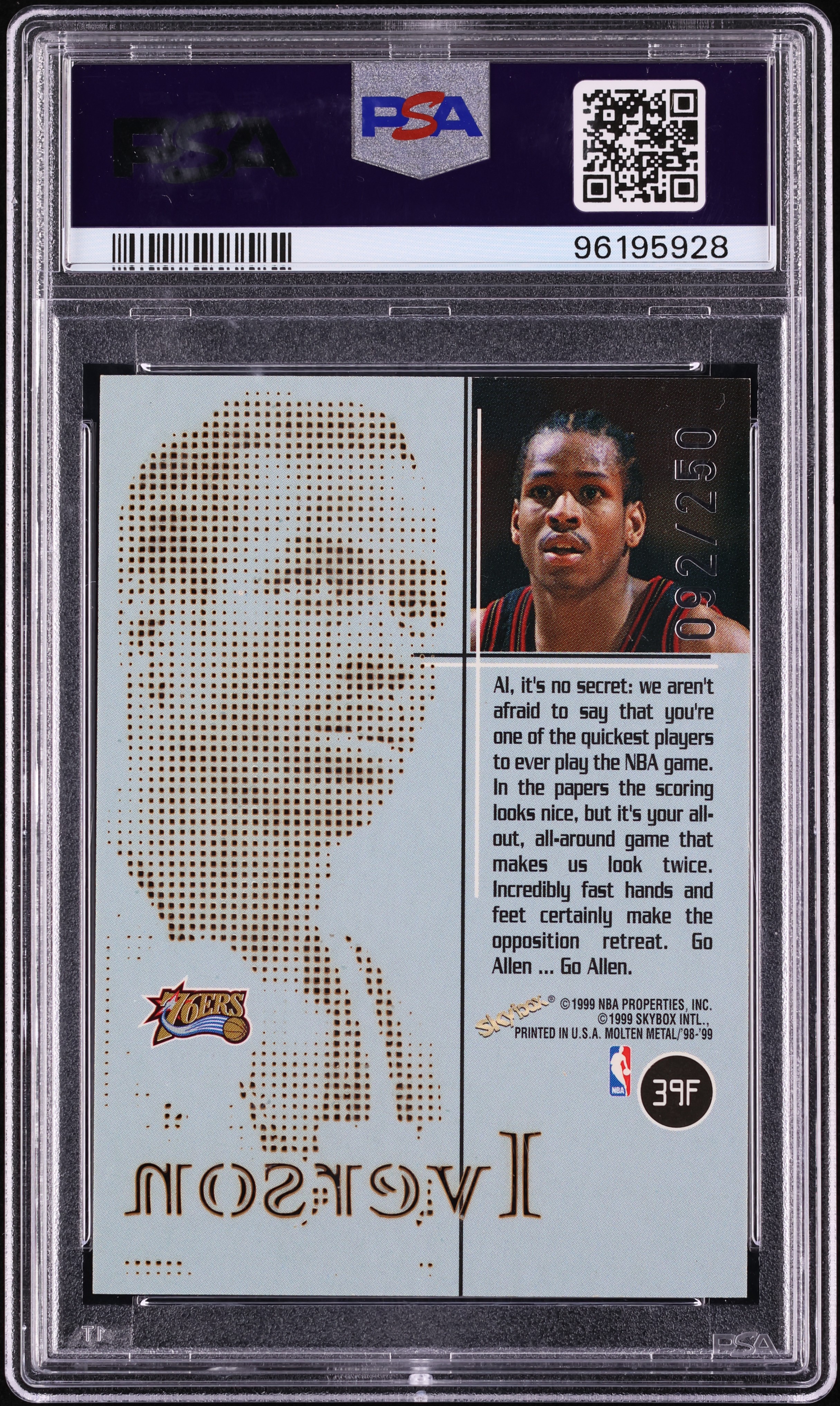 1998 Skybox Molten Metal Fusion Allen Iverson /250 #39F PSA 9 MINT