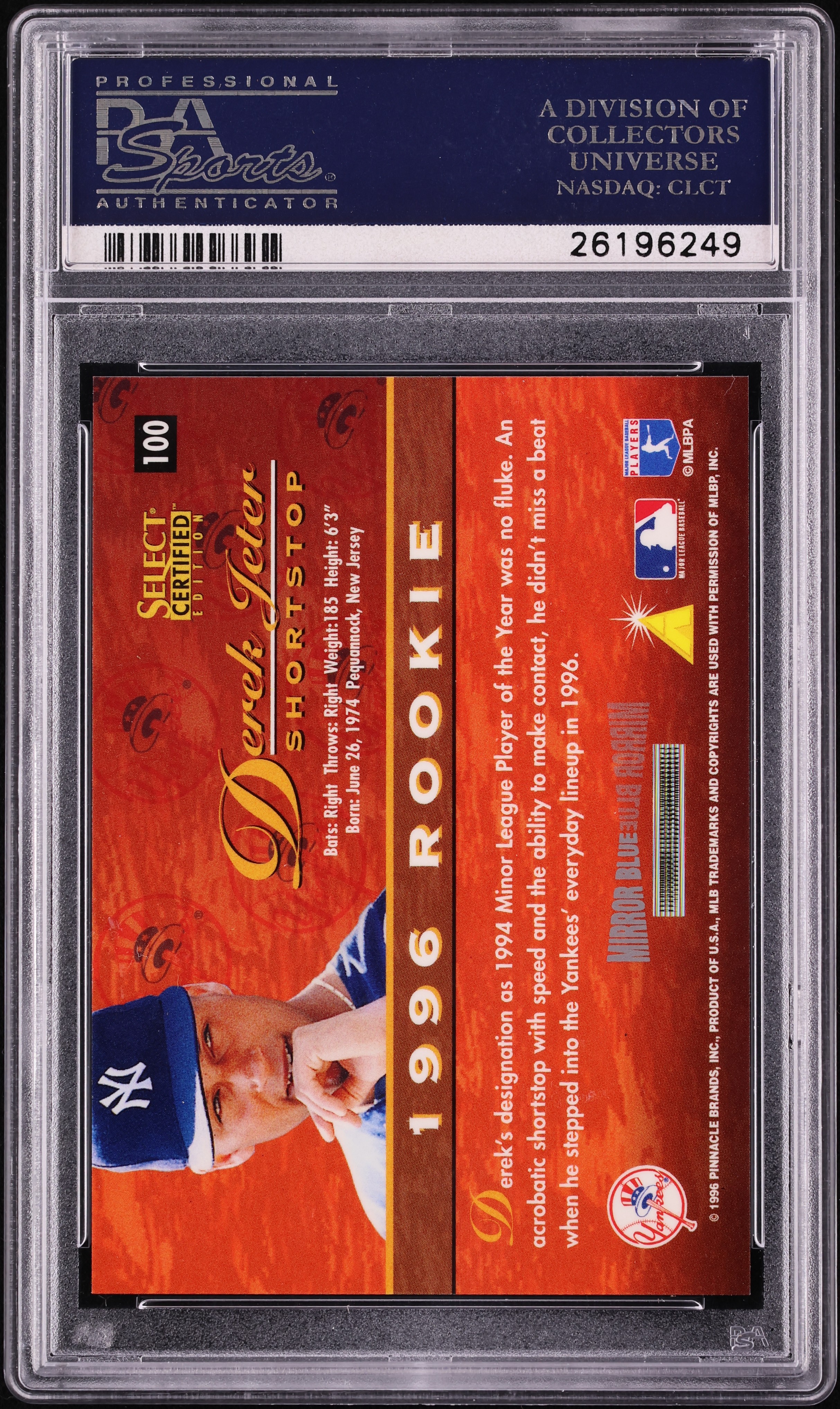 1996 Select Certified Mirror Blue Derek Jeter ROOKIE /45 #100 PSA 