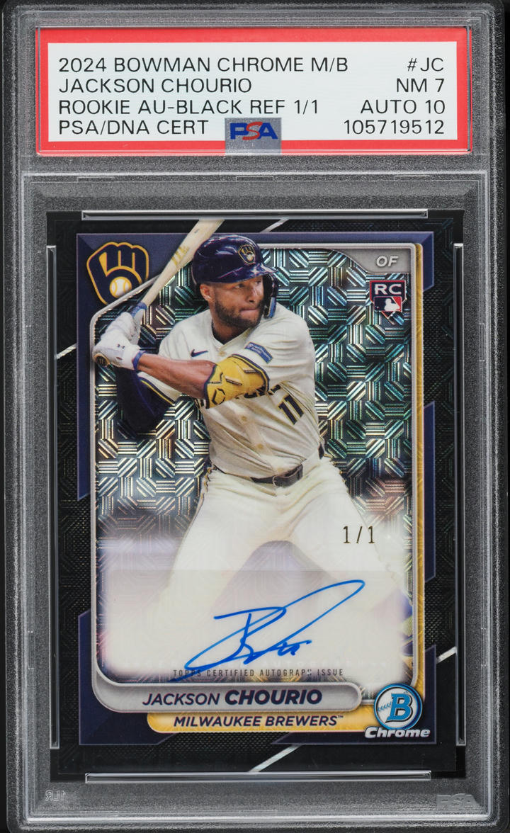 2024 Bowman Chrome Mega Box Black Ref. Jackson Chourio RC AUTO DNA 10 1/1 PSA 7
