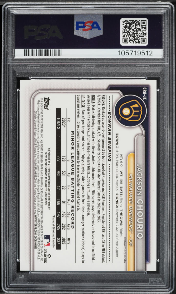 2024 Bowman Chrome Mega Box Black Ref. Jackson Chourio RC AUTO DNA 10 1/1 PSA 7