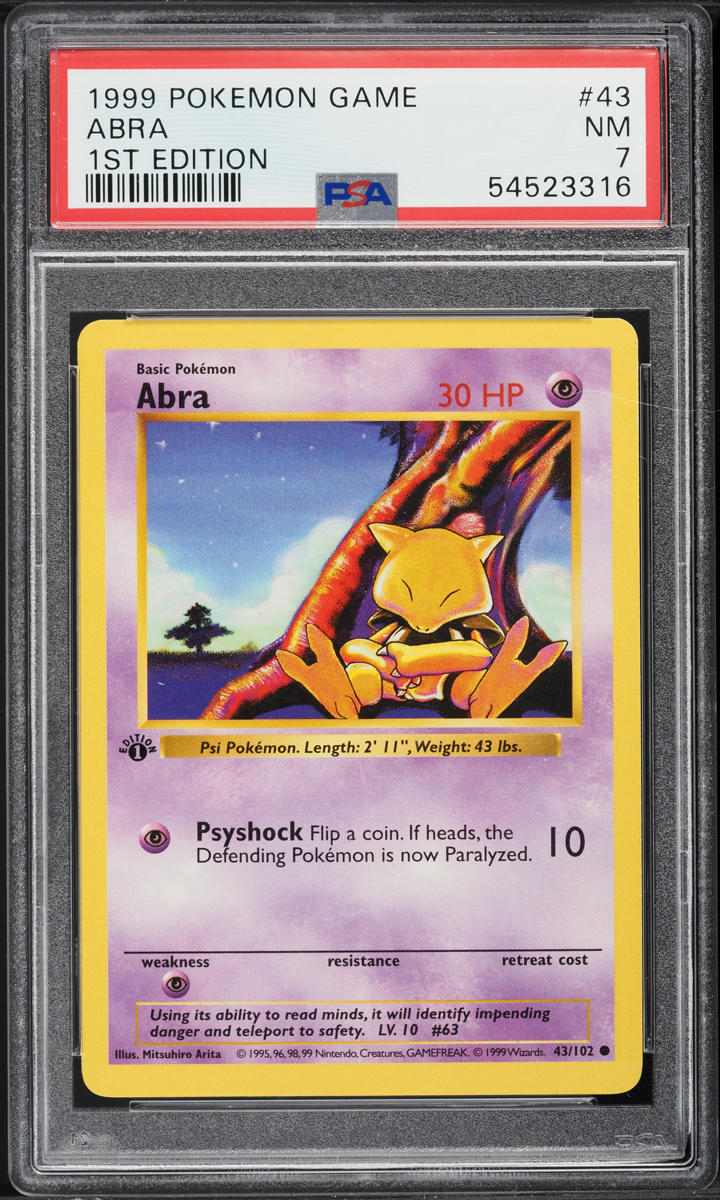 1999 Pokemon Base Set Shadowless 1st Edition Abra #43 PSA 7 NRMT