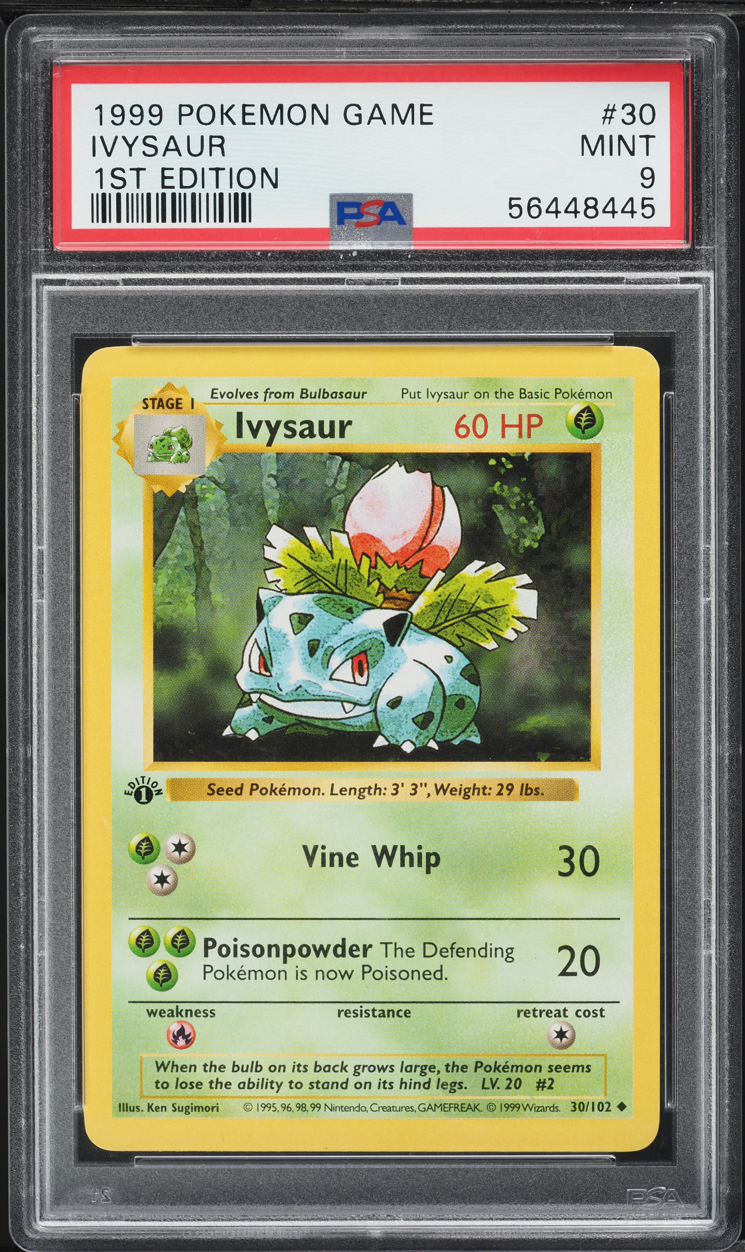 1999 Pokemon Base Set Shadowless 1st Edition Ivysaur #30 PSA 9