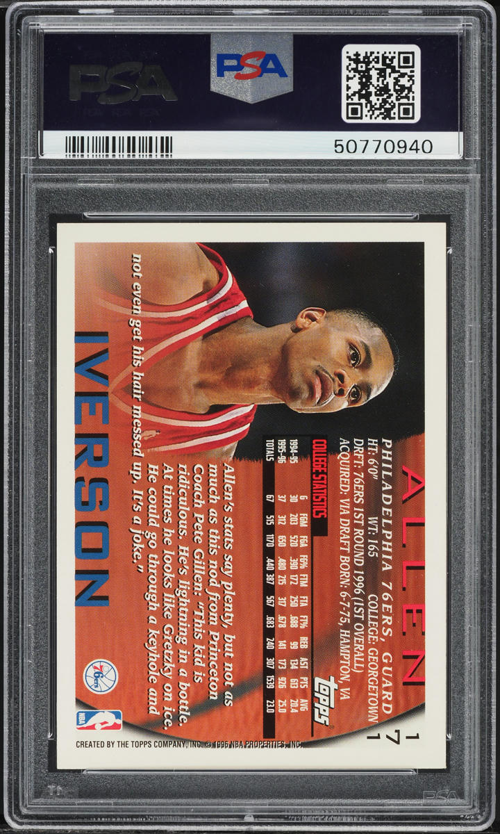 1996 Topps Basketball Allen Iverson ROOKIE #171 PSA 8.5 NM-MT+