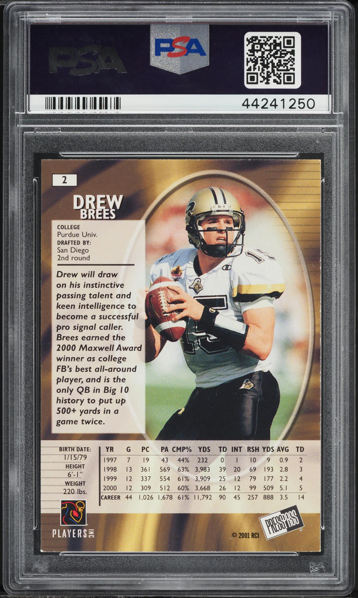 2001 Press Pass Drew Brees ROOKIE #2 PSA 9 MINT