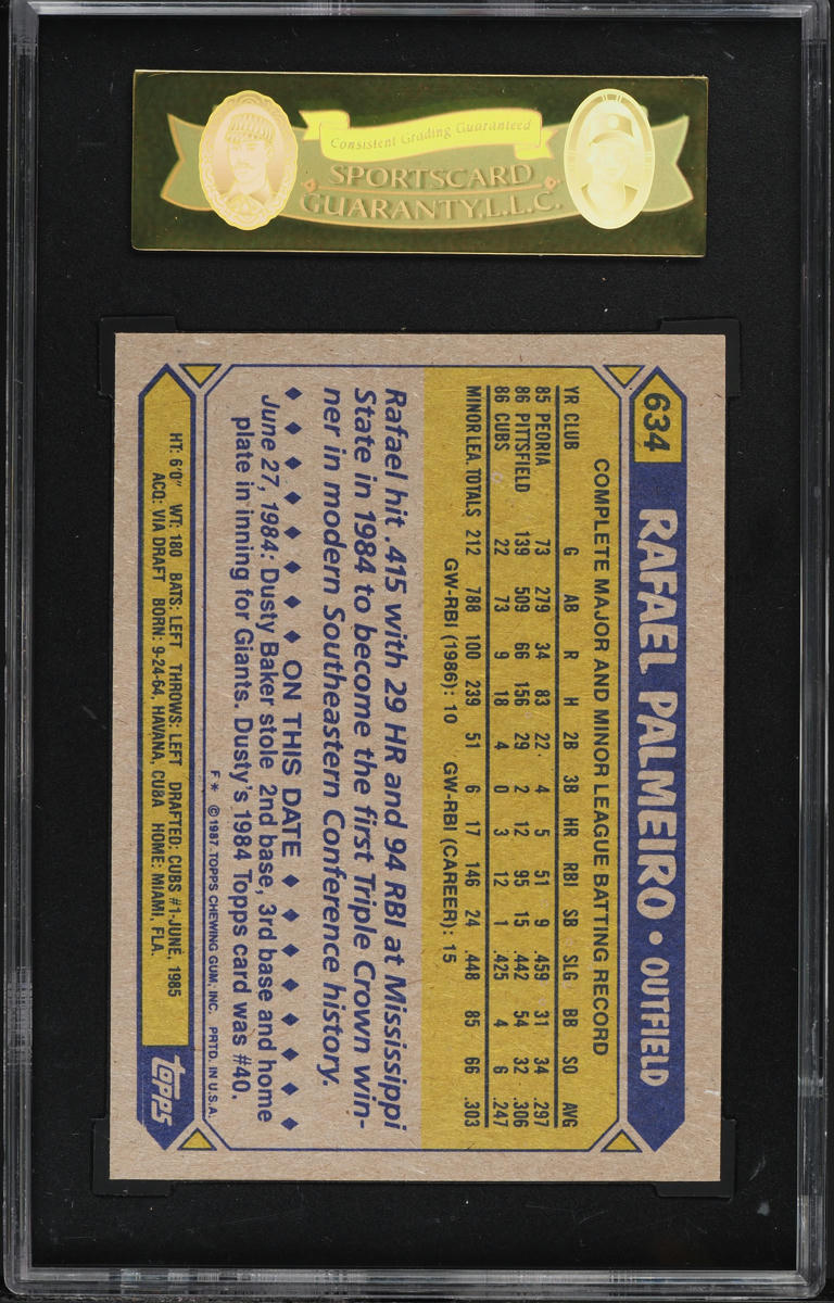 1987 Topps Future Stars Rafael Palmeiro ROOKIE #634 SGC 8 NM-MT