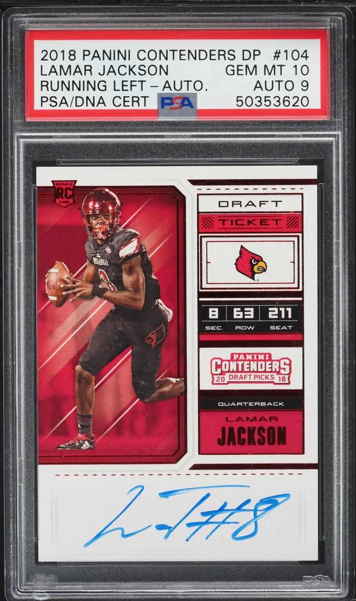 2018 Panini Contenders Draft Picks Left Lamar Jackson RC AUTO DNA 9 #104 PSA 10