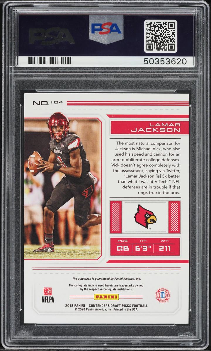 2018 Panini Contenders Draft Picks Left Lamar Jackson RC AUTO DNA 9 #104 PSA 10