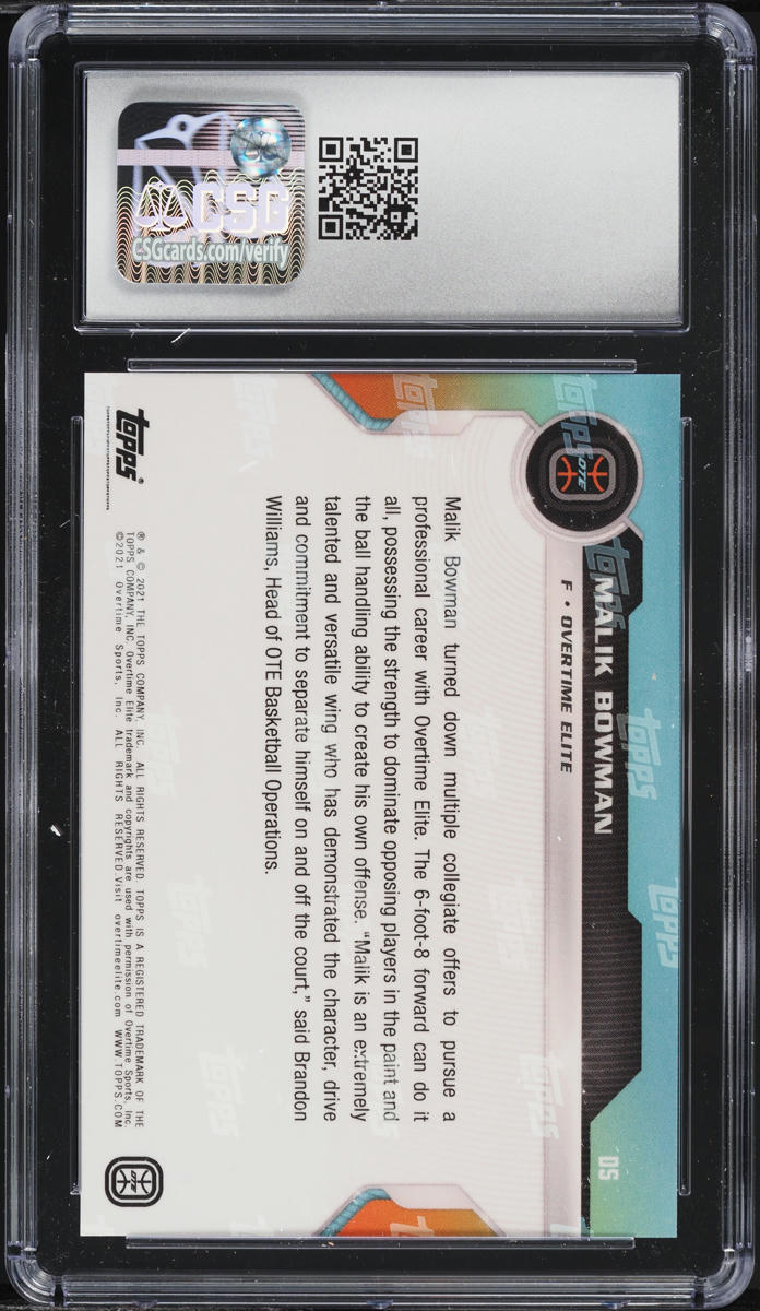 2021 Topps Now Overtime Elite Debut Malik Bowman ROOKIE #D5 CSG 10 GEM MINT