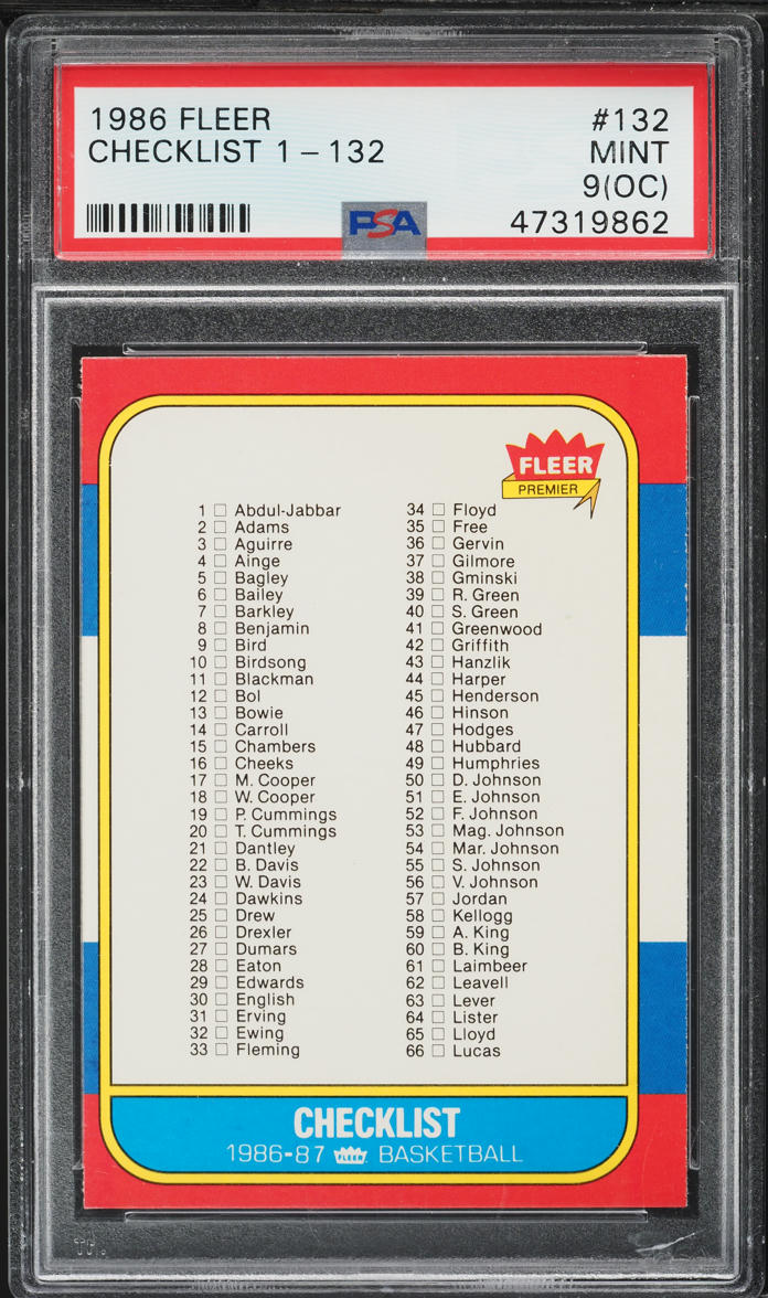 1986 Fleer Basketball Checklist 1-132 #132 PSA 9(oc) MINT