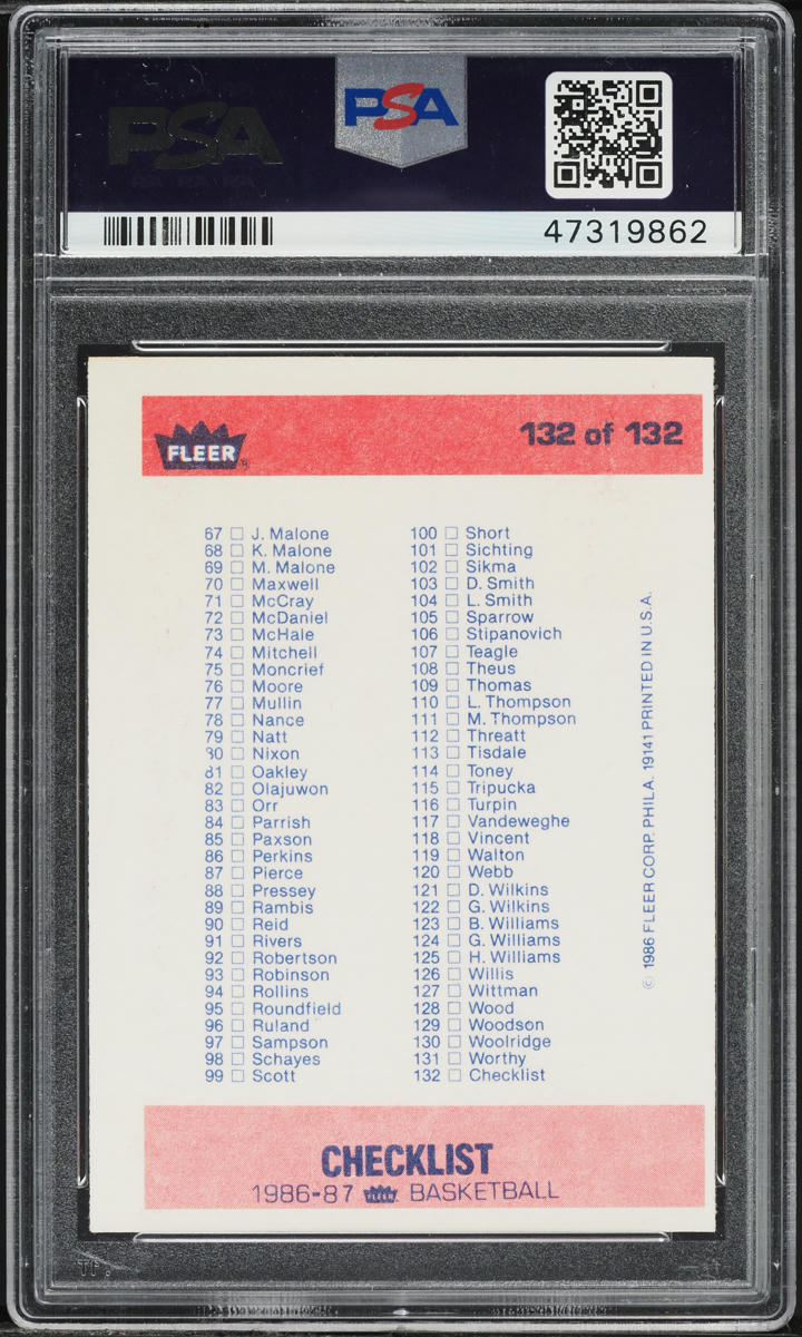 1986 Fleer Basketball Checklist 1-132 #132 PSA 9(oc) MINT