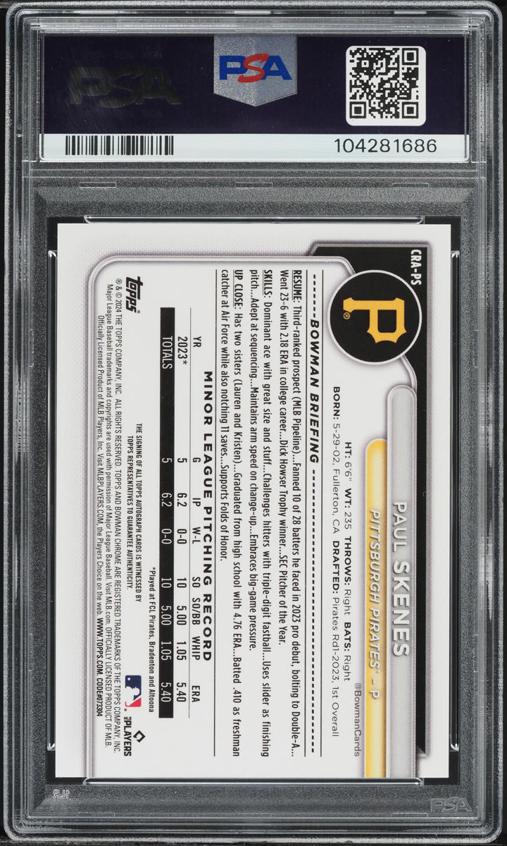 2024 Bowman Chrome Blue Refractor Paul Skenes ROOKIE AUTO DNA 8