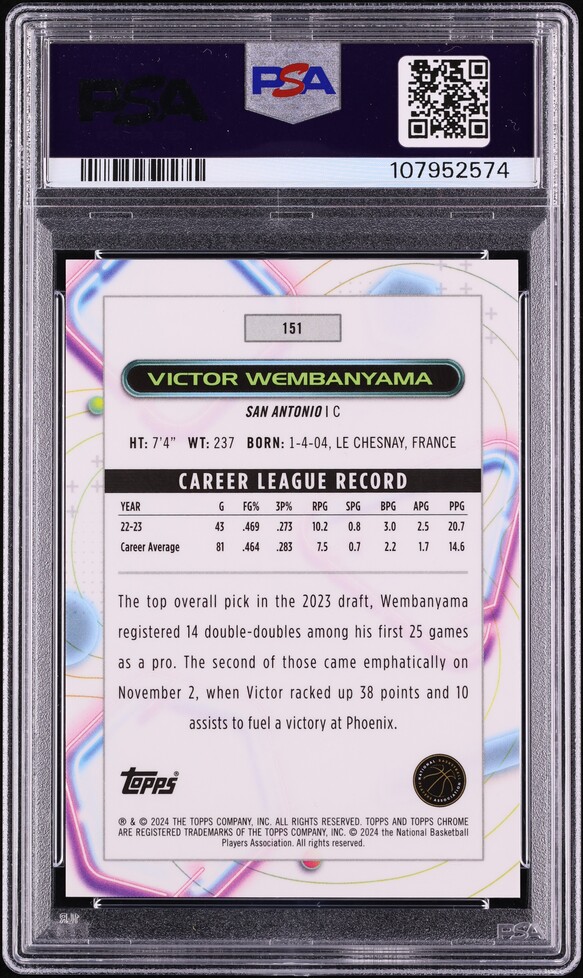 2023 Topps Chrome Cosmic Red Flare Victor Wembanyama ROOKIE /5 #151 PSA 10 GEM